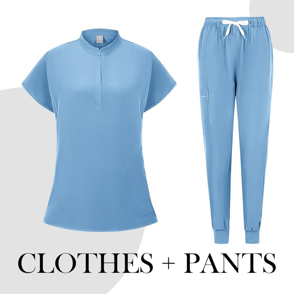 Women's Quick Drying Fabric Solid Color V-neck Pocket Short Sleeved Pants Set Workwear