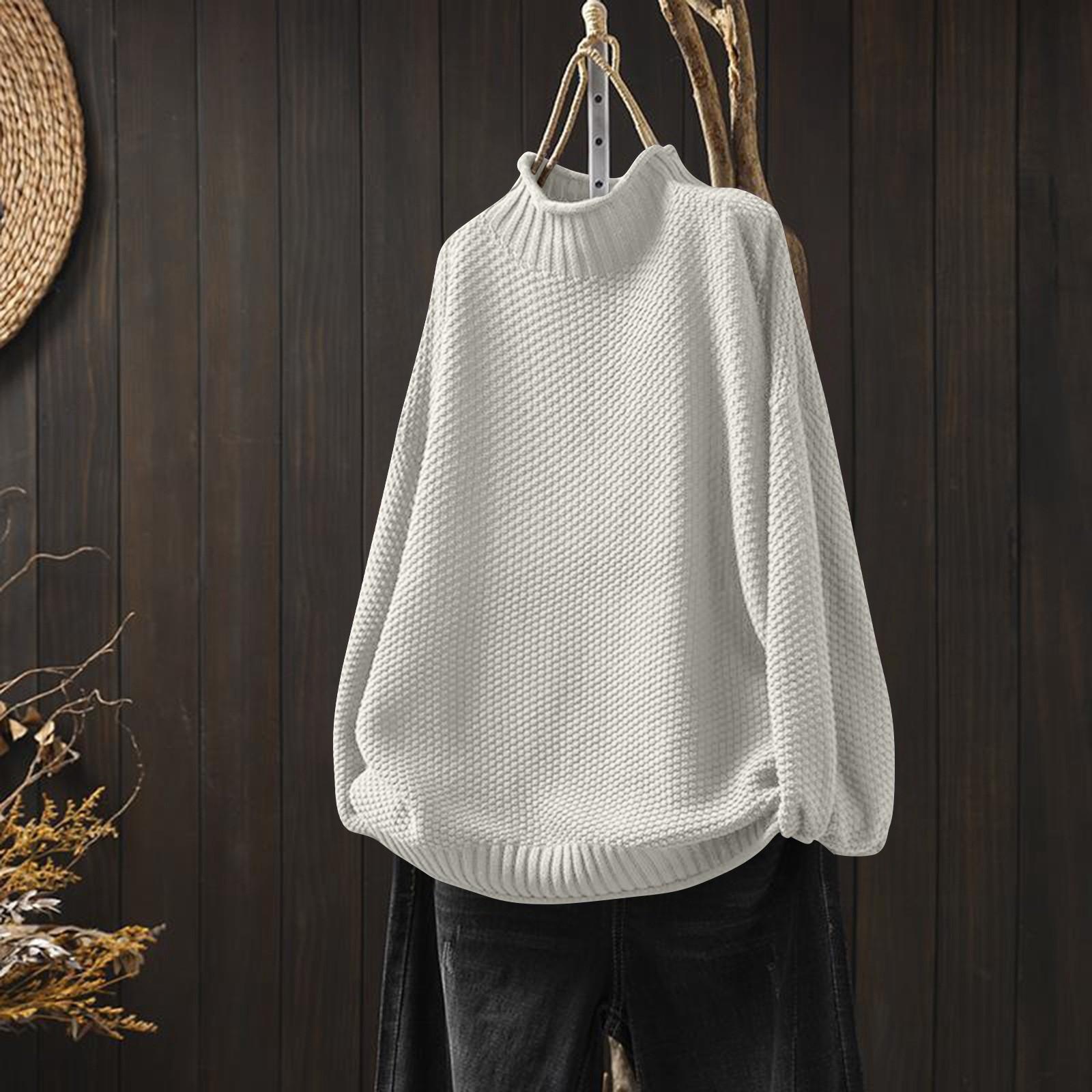 

Women s Fashion Solid Color Half High Neck Long Sleeved Casual Pullover Knitted Base Sweater Top One Size бежевый