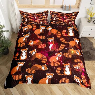 Raccoon Bedding Set Cute Cartoon Animal Duvet Cover Set Universe Galaxy Comforter Cover Polyester Red Starry Sky Bedspread Cover