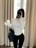 Threaded Plush Fuzzy Patchwork Long Sleeve Hollow Out Women's Slim White T-shirt