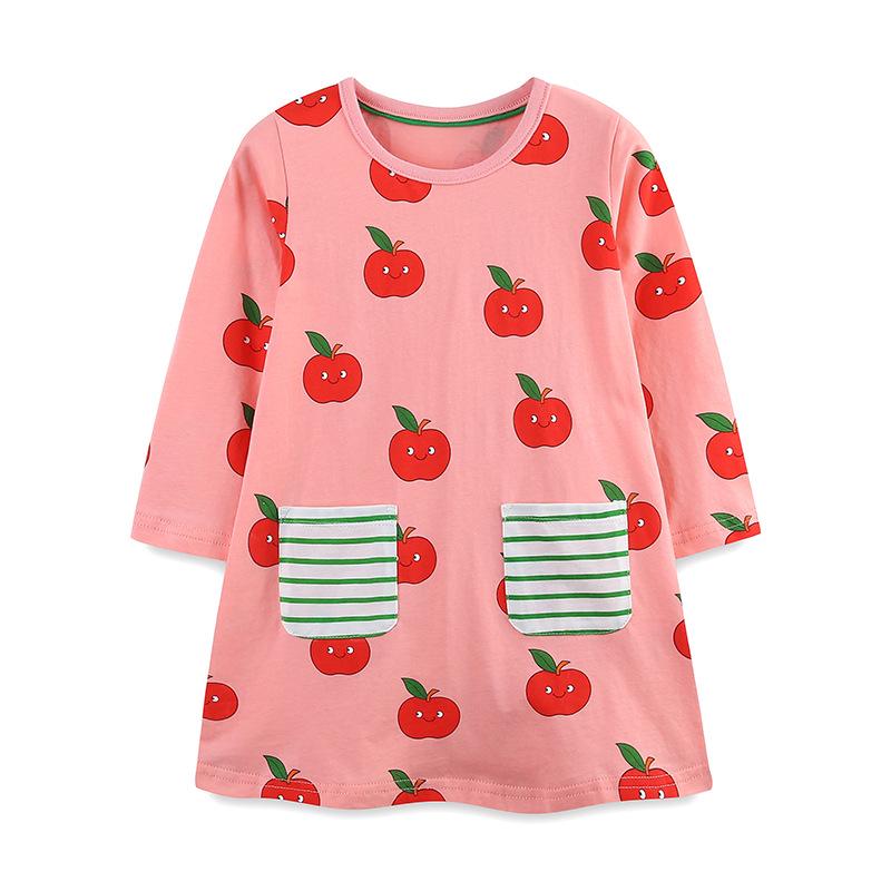 New Arrival Girls Long Sleeve Knitted Cotton Dress with Cartoon Apple Print 100cm