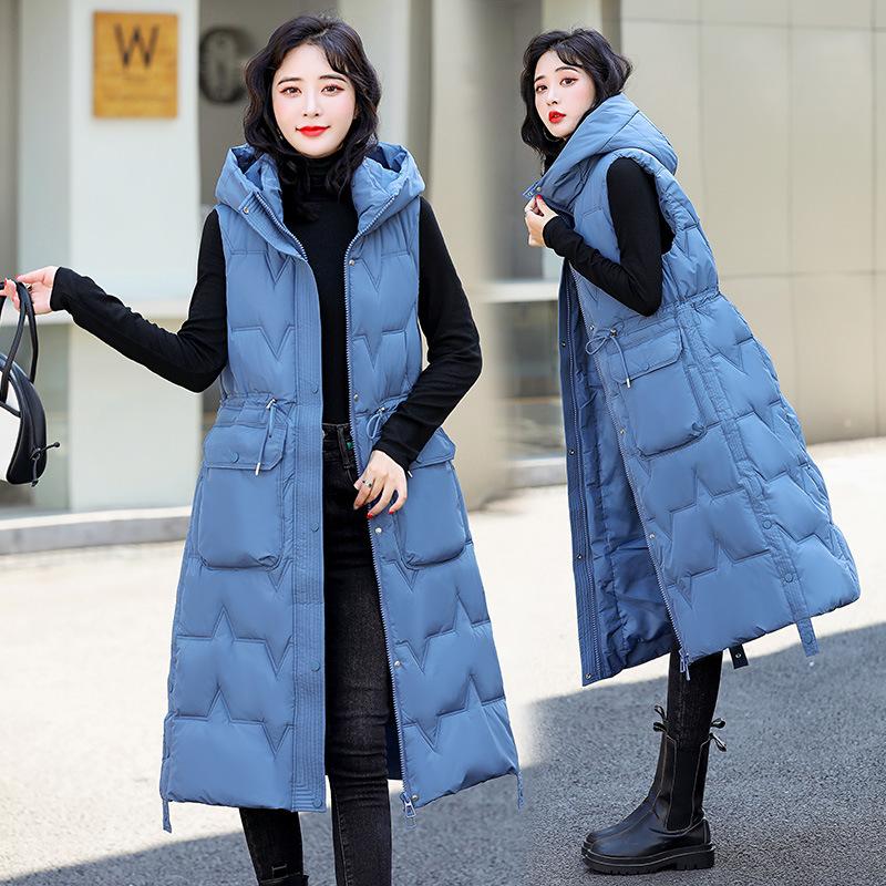 Damen Herbst Winter Kapuzen Ärmelloser Langer Weste Mantel Oberbekleidung Daunenjacke Baumwolle Gepolsterte Parkas Weste