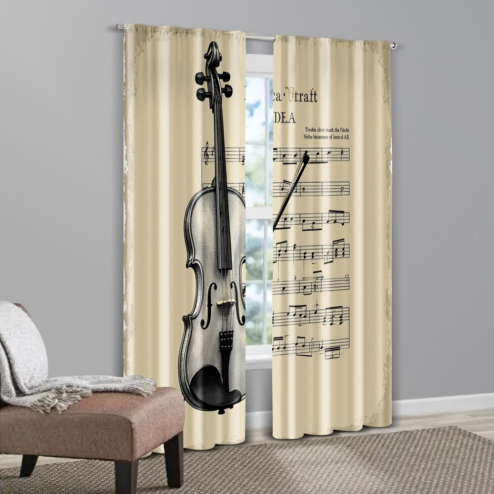 2pcs   Curtain Set Classic Violin & Sheet Music Design Machine Washable Polyester (without rod) Versatile All for Bedroom   Living