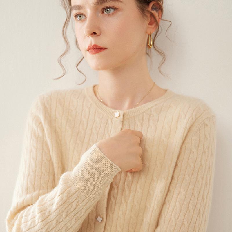 Women's Round Neck Cashmere Cable Knit Cardigan – Korean Style Slim Fit for Autumn and Winter