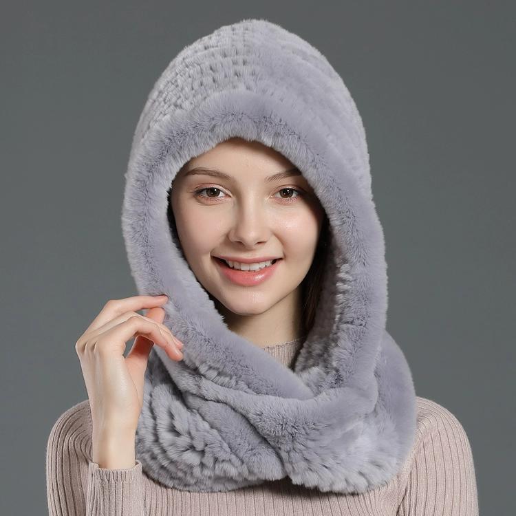 

Осенне-зимняя утолщенная вязаная шапка из кроличьего меха рекс женская теплая кроличья меховая шапка-шарф с капюшоном интегрированная двойного назначения One size светло-серый