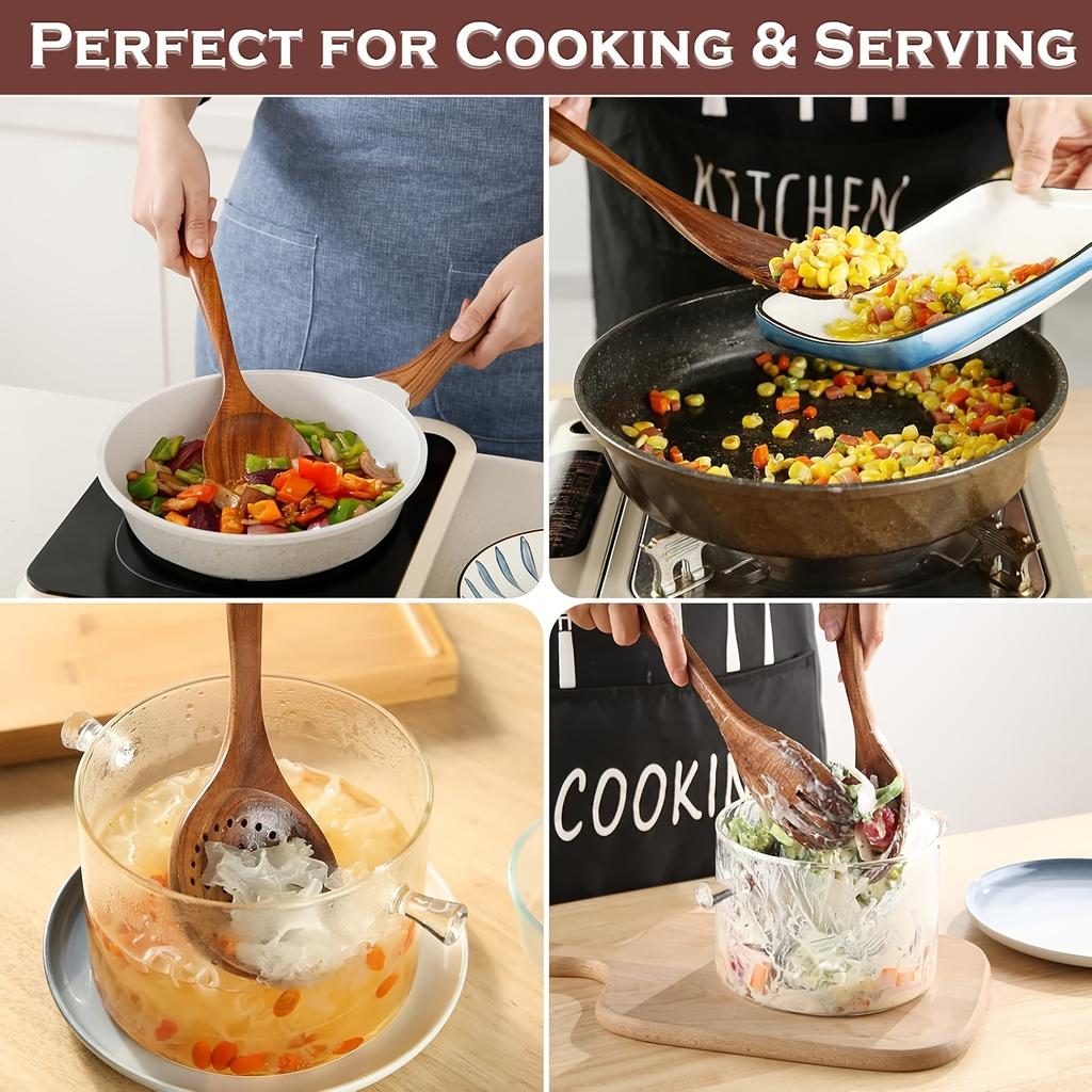 5pcs Wooden Kitchen Utensil Set, Natural Teak Wood Spoons Spatulas Ladles,Non-Stick Cookware Safe Cooking Tools for Home Kitchen