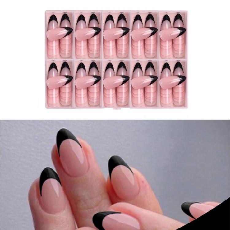 120x/Box Black French Tip False Nails Simple Full Cover Stick On Nails Wearable Almond Press On Nails Manicures Suppliss