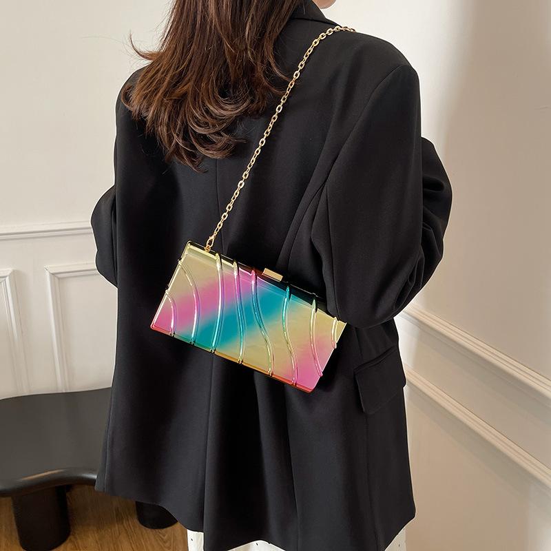 Schoolbag Women's Multicolour Bags Fashion Trendy Cool Glossy Plaid Acrylic Chain Dinner Bag One Shoulder Crossbody Bag