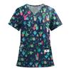Women's Fashion Printed Short Sleeve V Neck Pattern Tops Pocket Working T-shirts