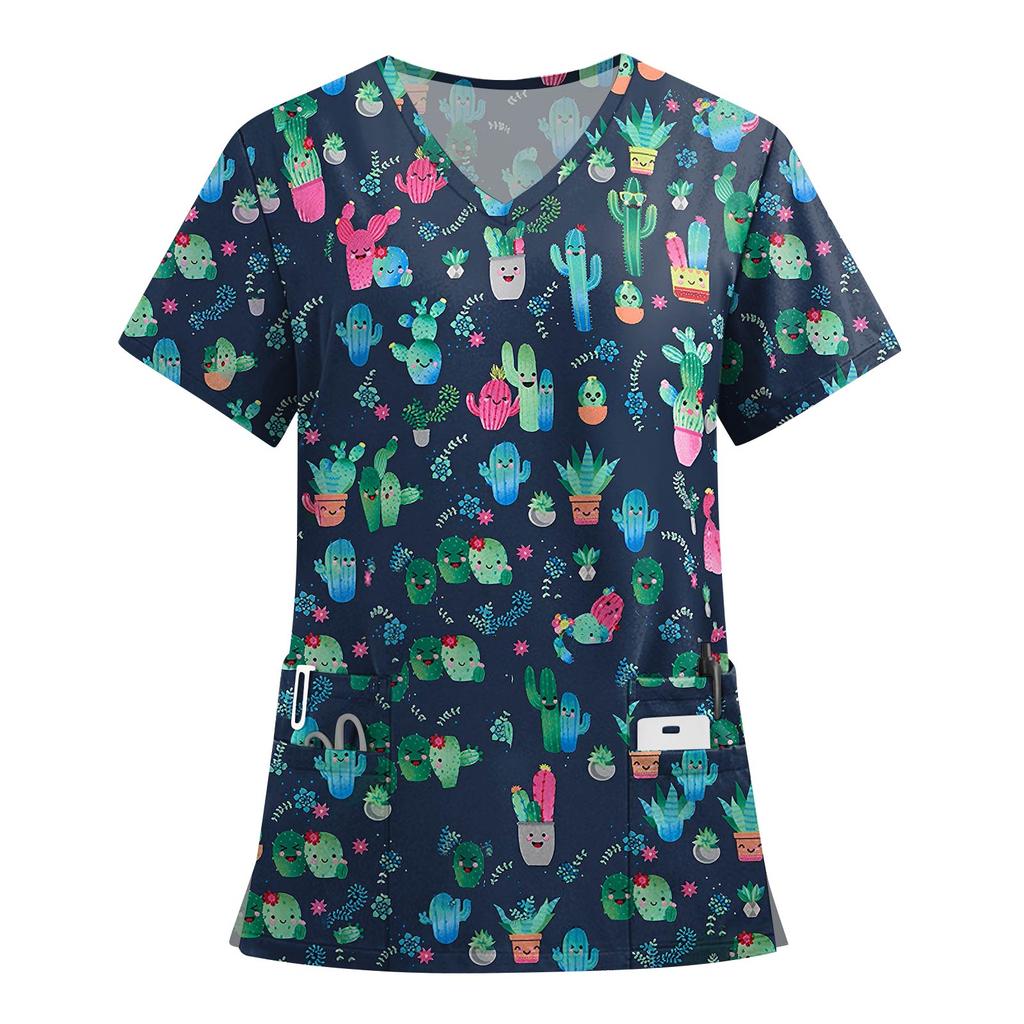 Women's Fashion Printed Short Sleeve V Neck Pattern Tops Pocket Working T-shirts
