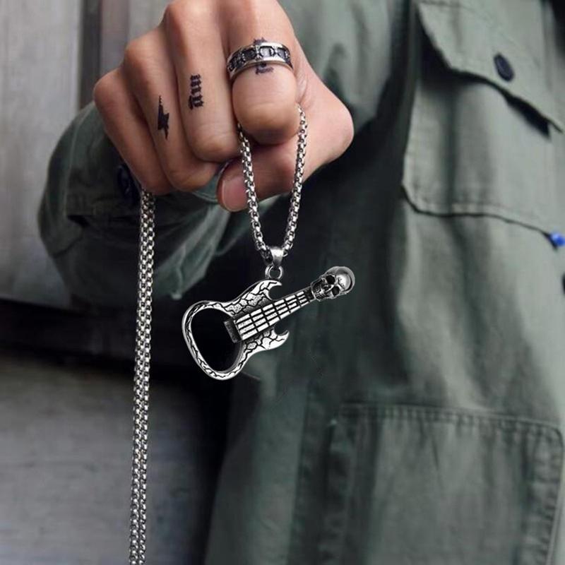 Collier pendentif guitare squelette rétro style hip hop couleur cuivre vintage décapsuleur colliers chaîne en acier inoxydable pour hommes