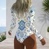Women Plus Size Long Sleeve High Neck Zipper Floral Print One Piece Swimsuit White Blue Yellow