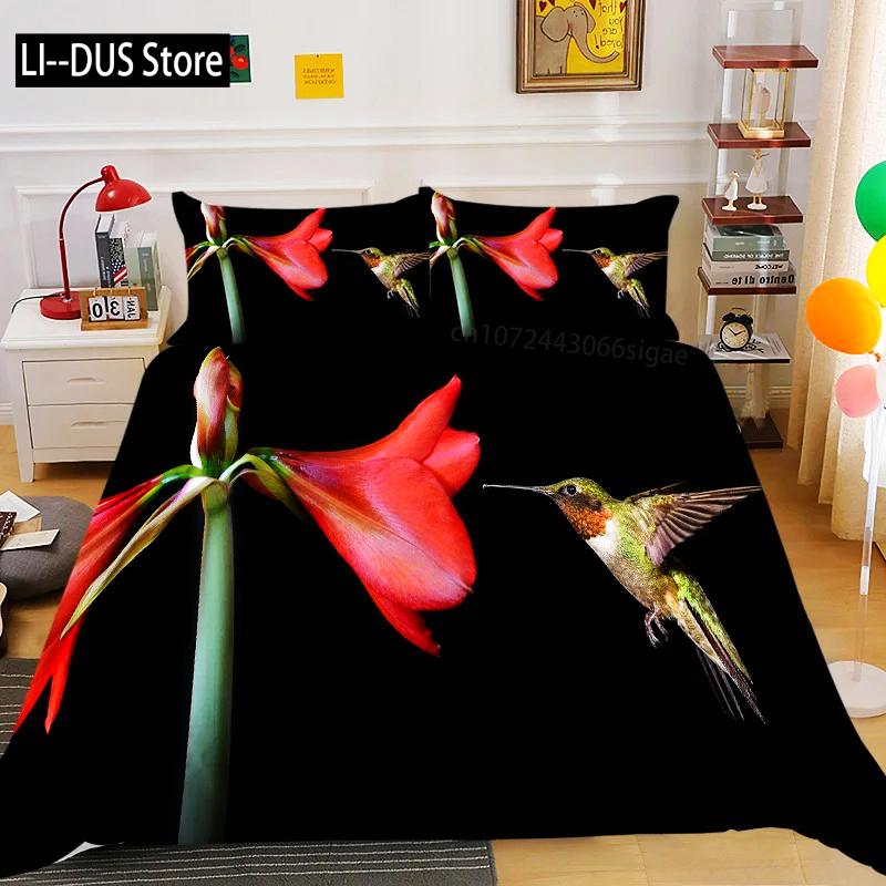 Kolibri påslakan Set King/Queen Storlek Liten Och Söt Tropisk Fågel Gul Blomma Gröna Blad Sängkläder Set Kvinnor