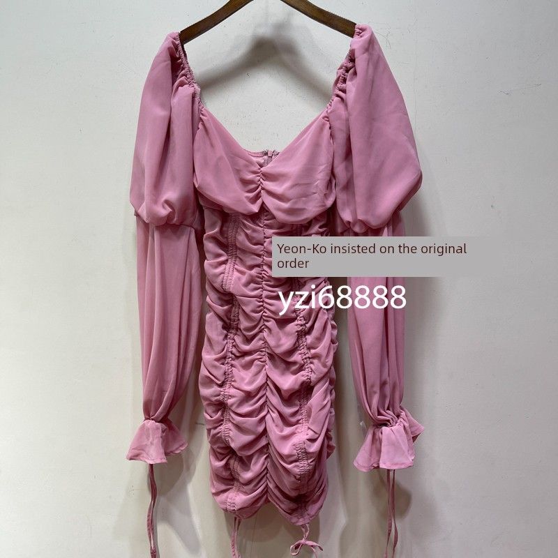 

Foreign Trade Popular Missguide * Official Same New Style Square-Cut Collar Pleated Drawstring Lantern Sleeve Party Dress Pink miss Dress(No return) 32 yards