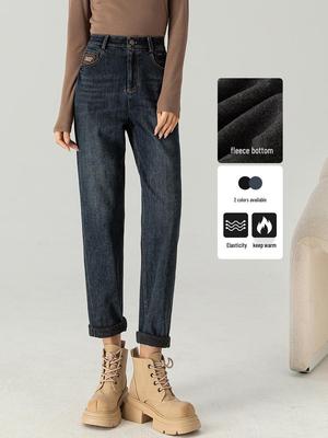 Women's High-Waisted Slimming Fleece Jeans - Cuffed One-Piece, Winter 2024 Casual Fashion