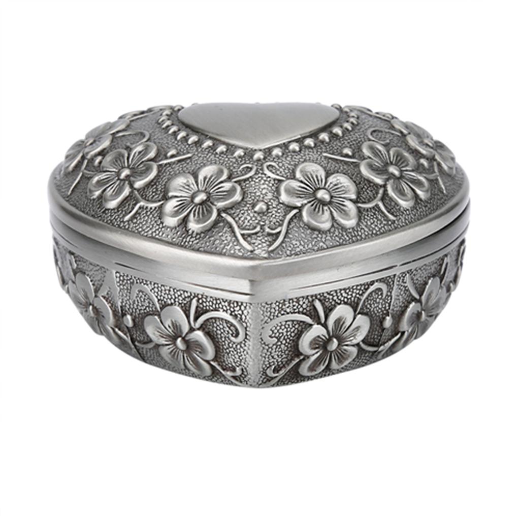 Vintage Jewelry Box Metal Heart Shape Carved Flower Antique Necklace Earring Storage Organizer