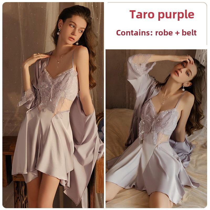 Sexy Decolteu Adânc Cu Adunare Plus Pad Piept Perspectivă Plasă Spate Gol Mărime Mare Cămașă de Noapte Robă Set Loungewear