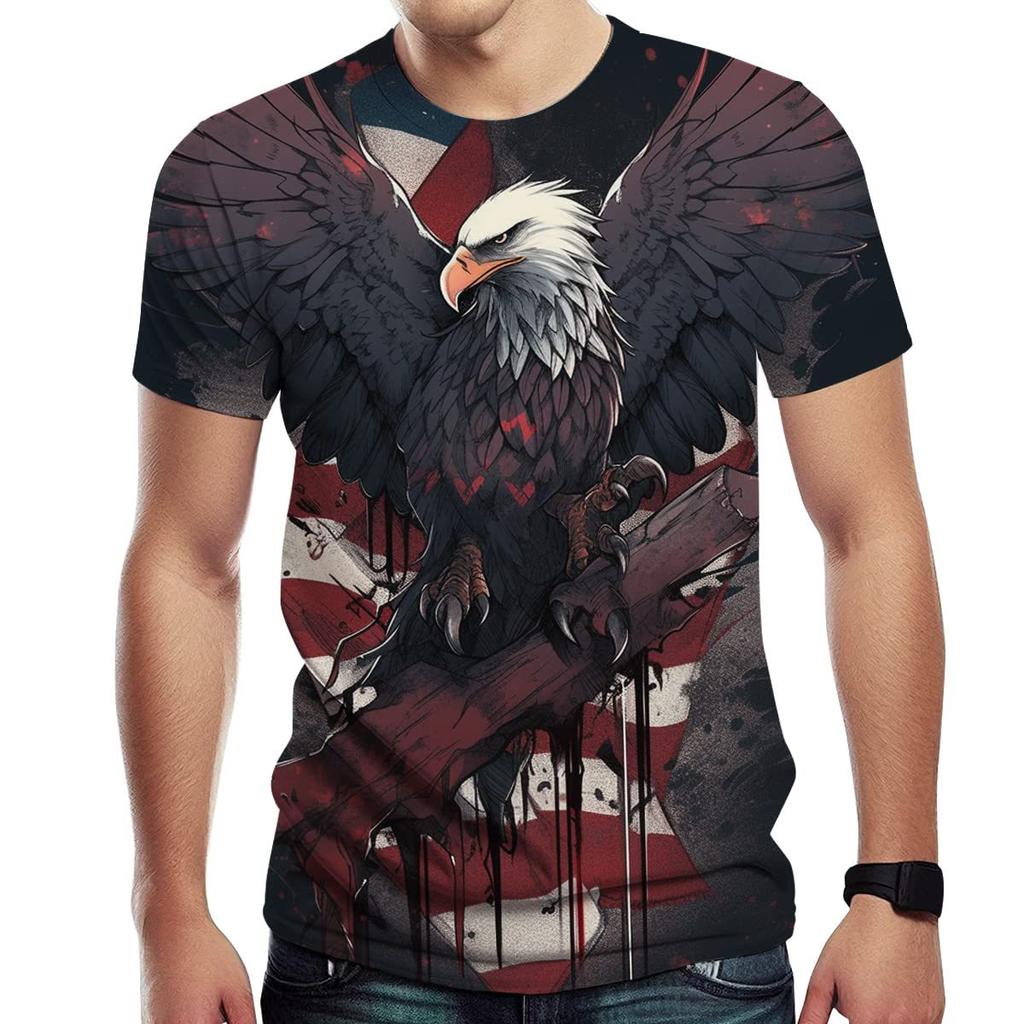 Summer Round Neck 3D American Eagle Pattern Print Top Fashionable Casual Short Sleeved Men's T-shirts