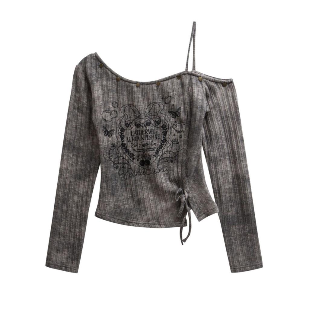 American Retro Y2K Print Off-shoulder Long Sleeve Women's T-shirt