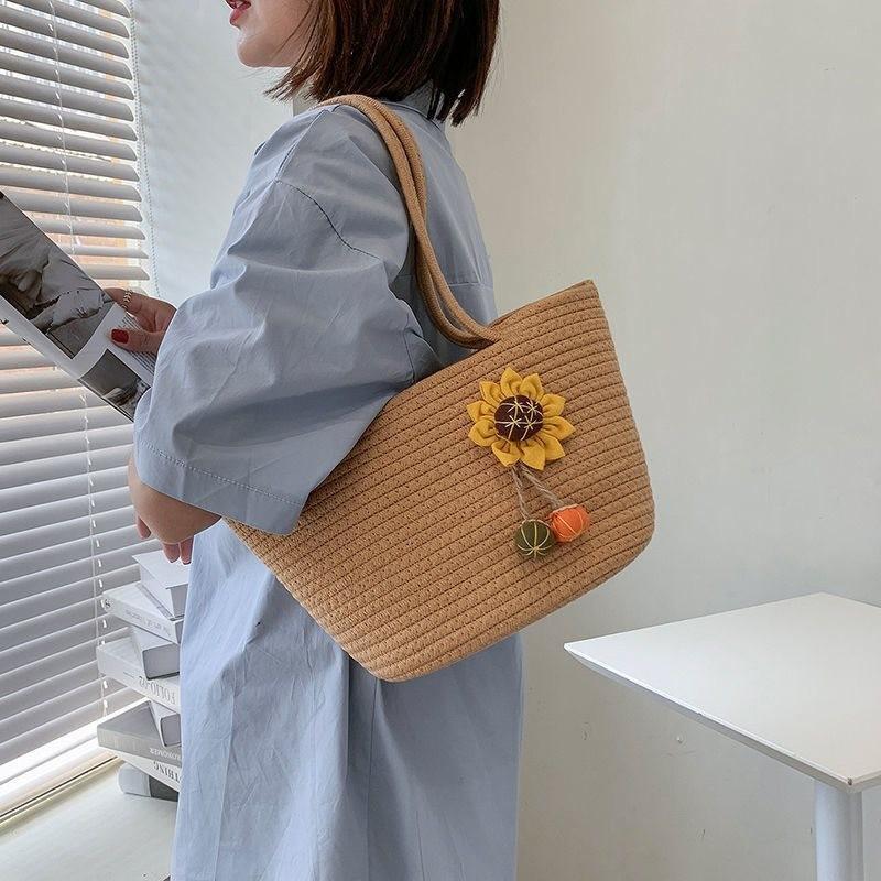 Stylish Sunflower Woven Cotton Bag For Women In Beige And Brown Perfect For Everyday Use