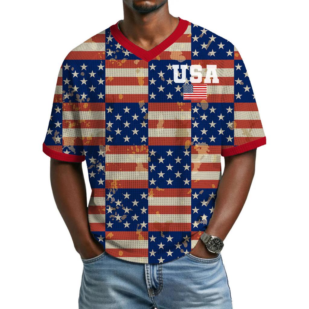 Men's Casual And Fashionable Flag-color Printed Short-sleeved Shirt. Men's Breathable V-neck Short-sleeved Shirt.