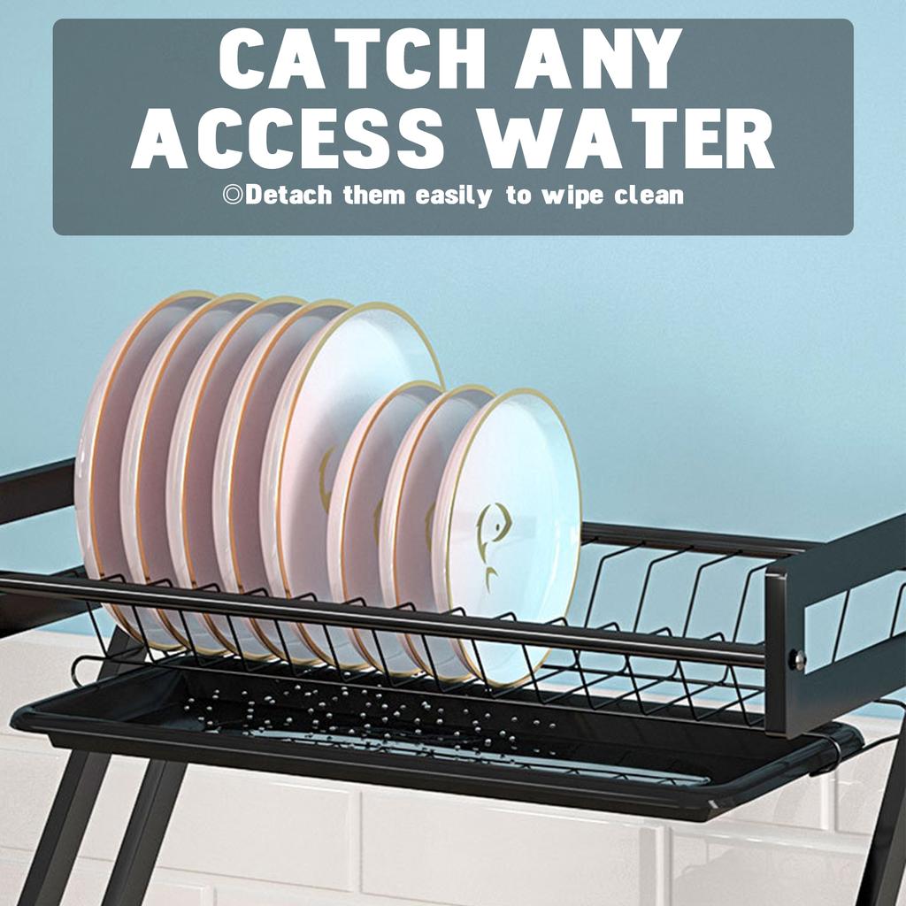 Over The Sink Dish Drying Shelf Rack with Drain Board 2-tier Carbon Steel Dish Drainer Multifunctional Kitchen Utensil Organizer All-in-one Counterto