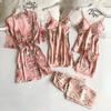 Nuovo set pigiama da donna 5 pezzi Set pigiama in raso per donna Set pigiama traspirante e liscio in tessuto poliestere setoso