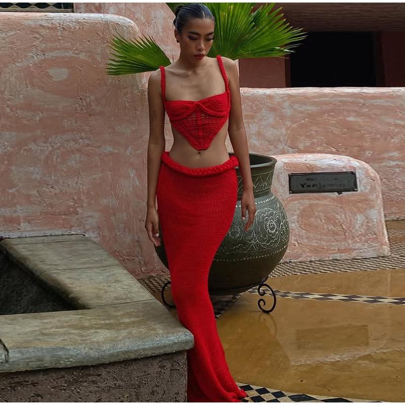 

Сексуальные трикотажные майки, юбки, комплект, женская шикарная ажурная юбка с открытой спиной, укороченный топ на бретелях, длинная юбка, новинка 2025 года, женские пляжные наряды L красный