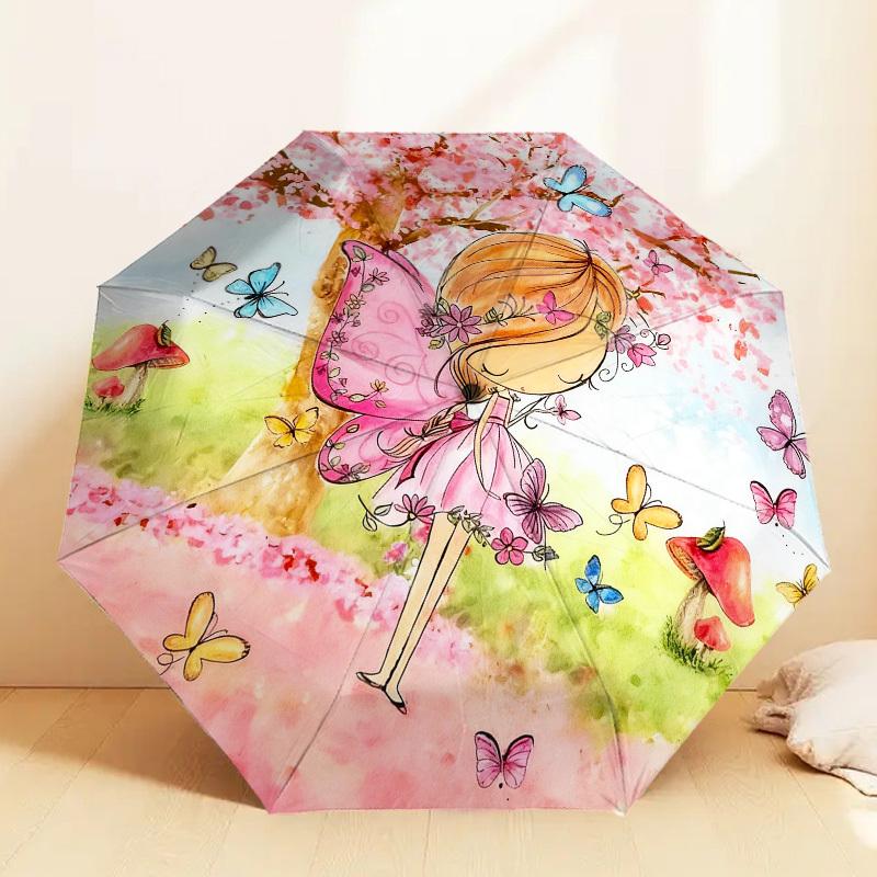 1pc fairy butterflies Automatic Folding Umbrella, Heavy Duty 8 Rib Iron Frame,  Suitable for Travel, Daily Use, Birthday, Decor Gift m0104042