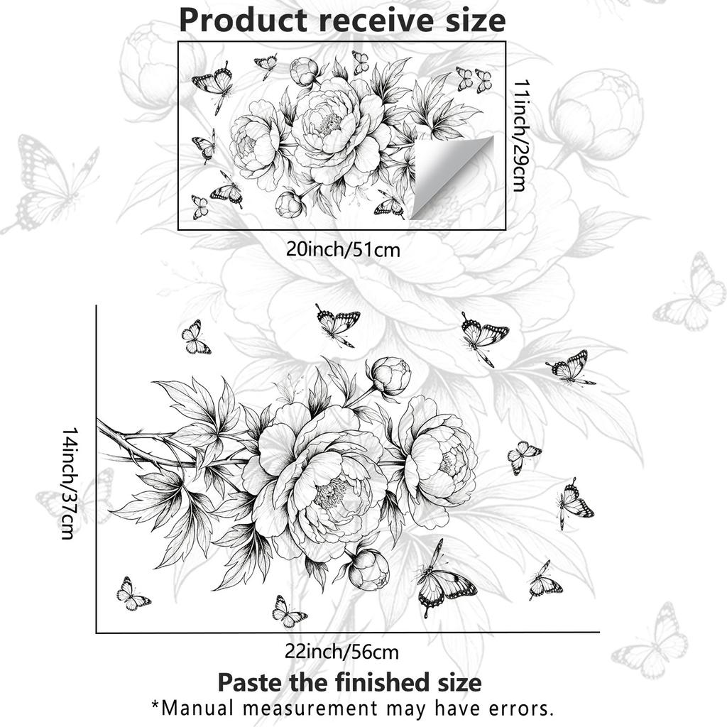 Creative Black White Sketch Line Art Peony Butterfly Static Cling Wall Sticker for Kitchen Bathroom No Glue Home Decor