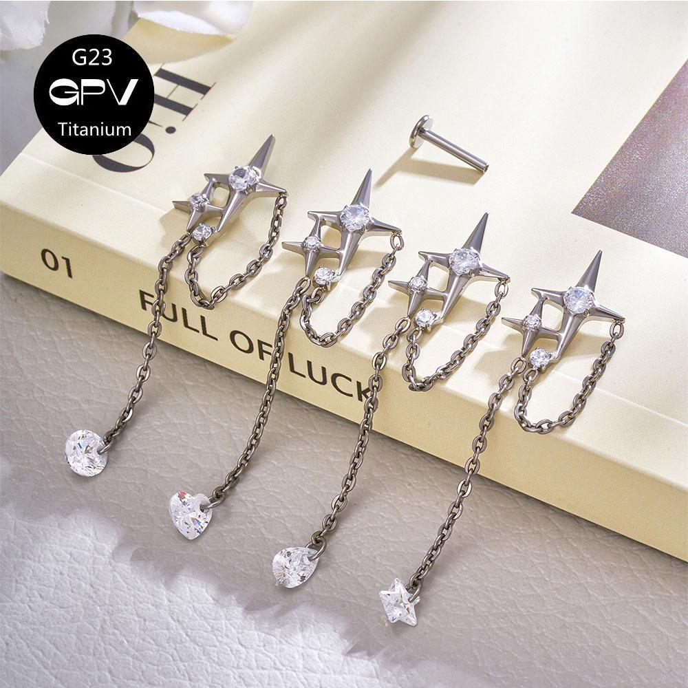G23 F136 Titanium Star Ear Cartilage Nail Chain Pendant Cross 5A Zircon Earnail Women's Perforated Zircon