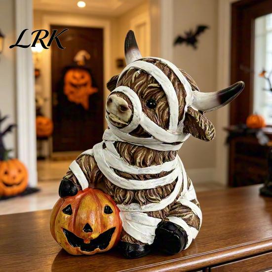 Whimsical Halloween Table Decor Highland Cow Statue Decor, Funny Resin Ghost Figurine for Home Mantel Decorations Office Tiered Tray Desk Shelf