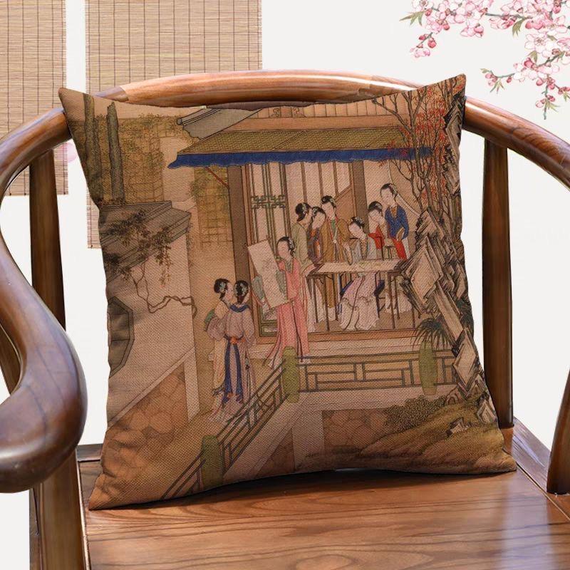 Qingyoutu New Chinese Classical Character Decorative Pillowcase Antique Lady Picture Throw Pillow Sofa Cushion Cover