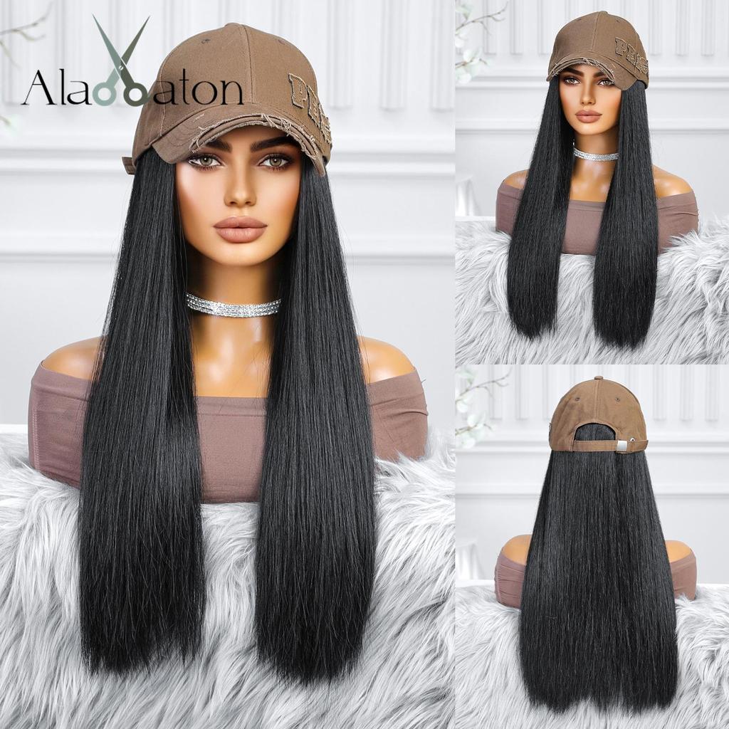 ALAN EATON Hat wigs Cap Brown Color Hair Extension Connect Summer Straw Hat for Women Heat Resistant Fiber Breathable Hat