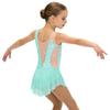 Girls Figure Skating Dress Sleeveless Sparkly Rhinestones Ruched Mesh Built In Briefs Dancewear