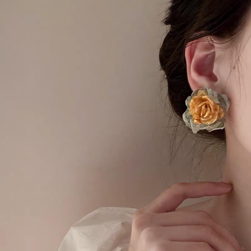 Camellia Bloom Fabric Flower Earring: Mori Style Mosquito Coil Ear Clip for Women
