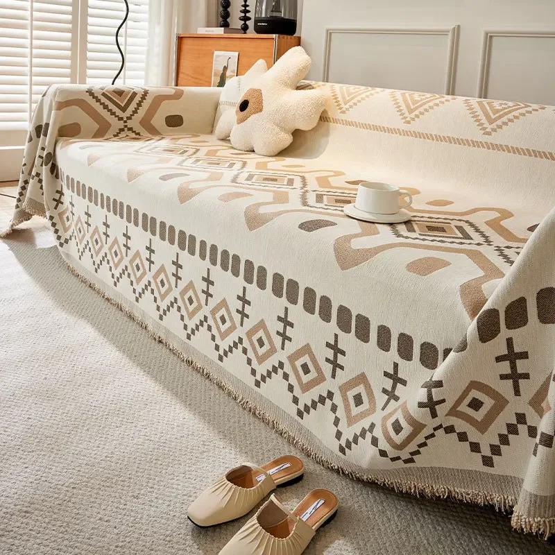 Boho Style Chenille Sofa Towel with Tassels, Double-side, for Living Room Camping Picnic Large Blanket Leisure Relax Beach Towel