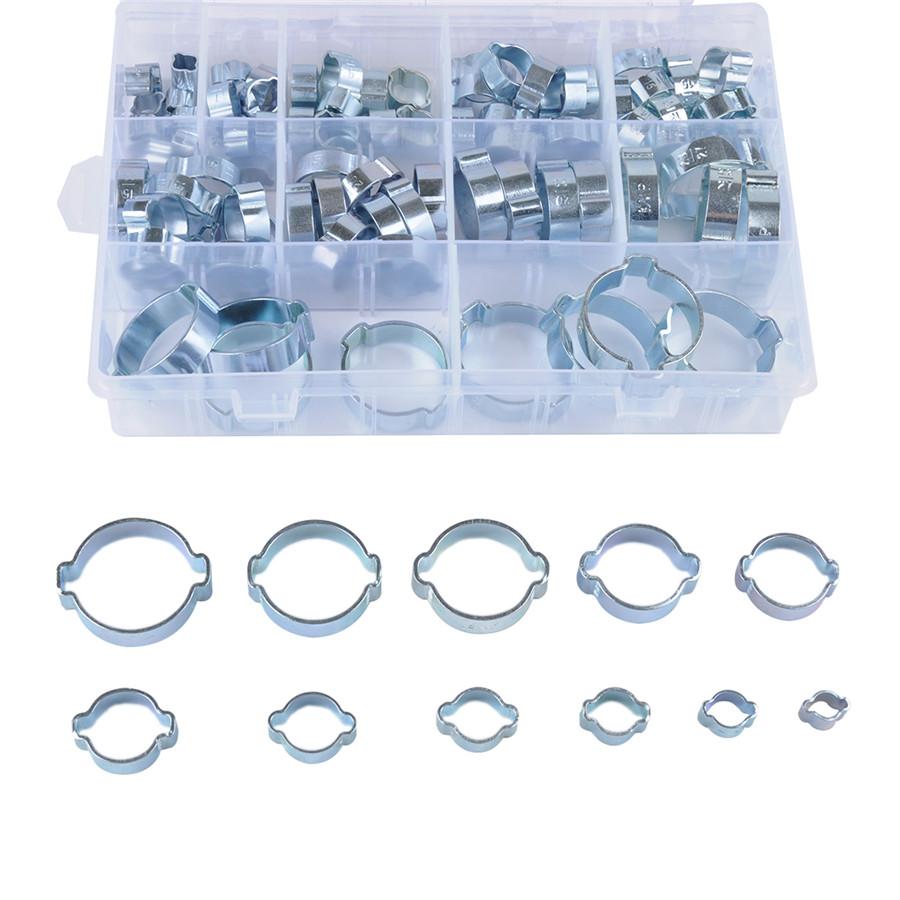 100 × Double Ear Hose Clips Water Fuel Air Clamps for 5-31MM Zinc Plated Assortment Box with Pliers Tool