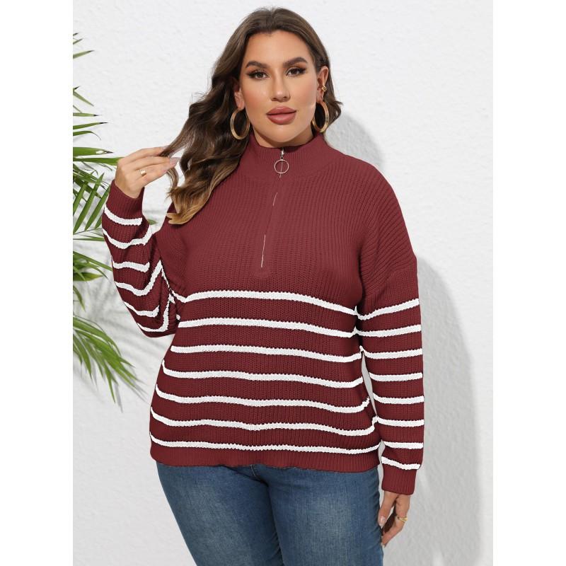 2026 Fall Winter Striped Knit Sweater Half Zip Mock Neck Loose Fit Casual Pullover Women