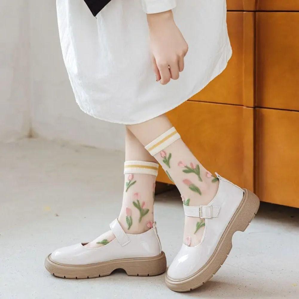 Breathable Women Summer Socks Transparent Girls Mid-calf Socks Casual Lace Socks