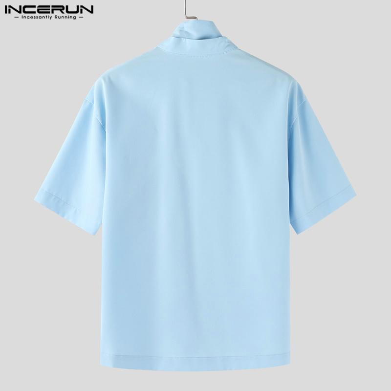 INCERUN Oversized Men Tie Neck Solid Color Buttons Casual Shirts
