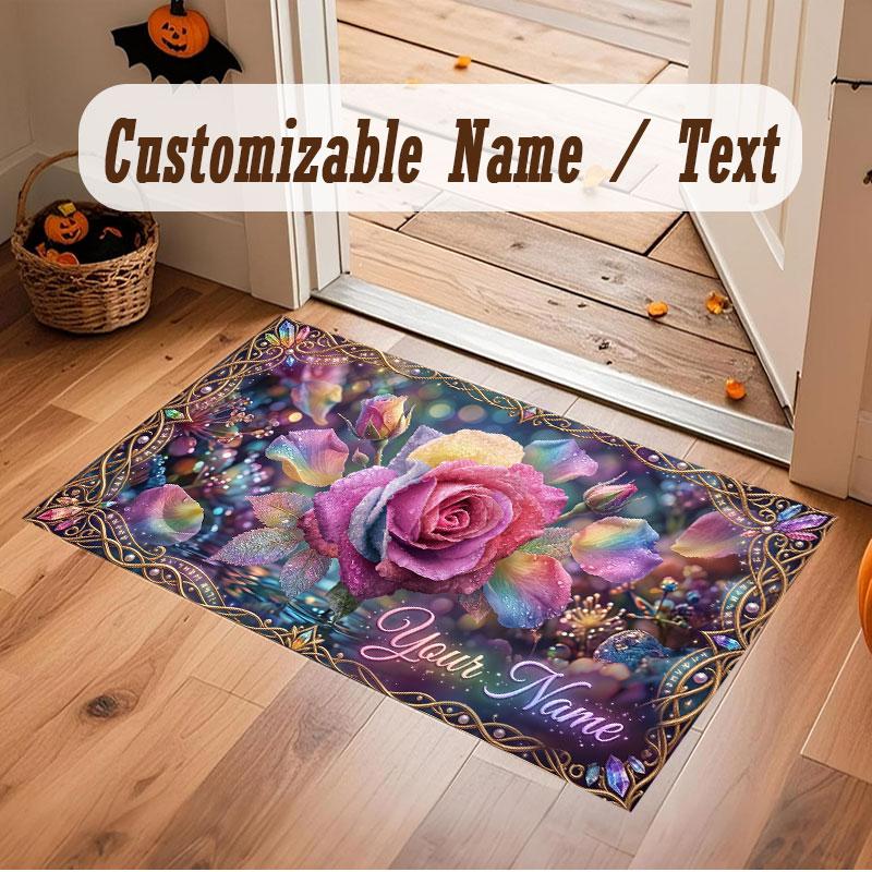 Floral Garden Theme Crystal Velvet Floor Rug Personalized Custom Name Text Warm Carpet Home Decoration