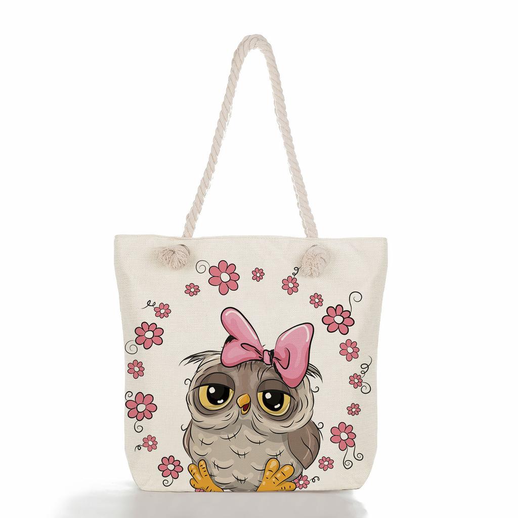Cute owl print thick rope single-shoulder beach bag 7288 CLE