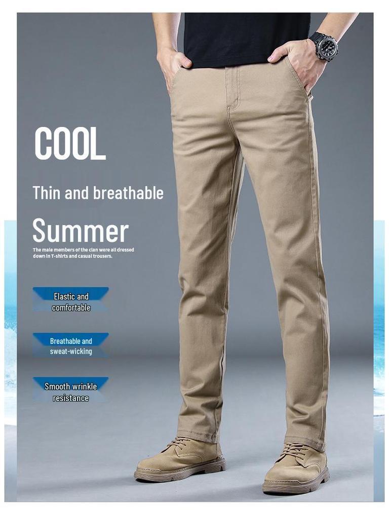 2024 Men's Hong Kong Slim Fit Casual Cotton Pants: Breathable, Elastic, Straight-Leg, Versatile Long Pants for Summer