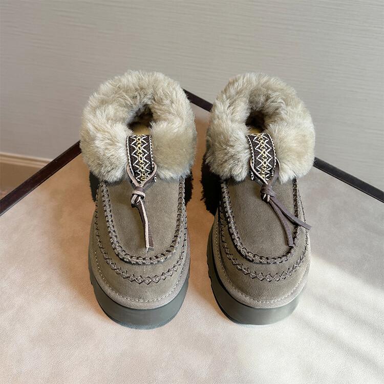 Fashion New Retro Winter Cow Suede Warm Snow Boots Handmade Women's Cute Round Head Thick Bottom with Suede Warm Cotton Boots Size 40