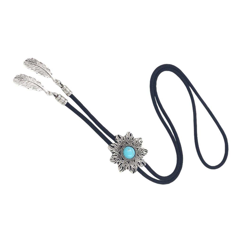 Western Cowboy Braided Rope Bolo Tie Necklace with Sun Turquoises Stone Pendant Jewelry Necktie Chain for Men and Women