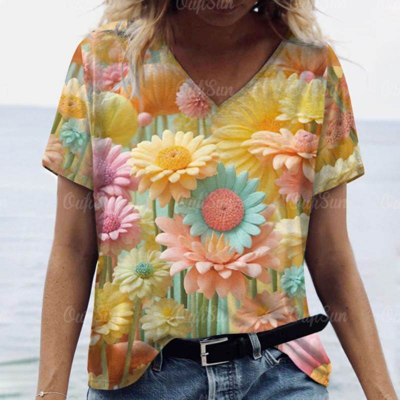 2025 Women T shirt Summer 3D Floral T-Shirt Plus Size Women's Clothing Oversized Designer Short Sleeve Shirt Women V Neck Blouse