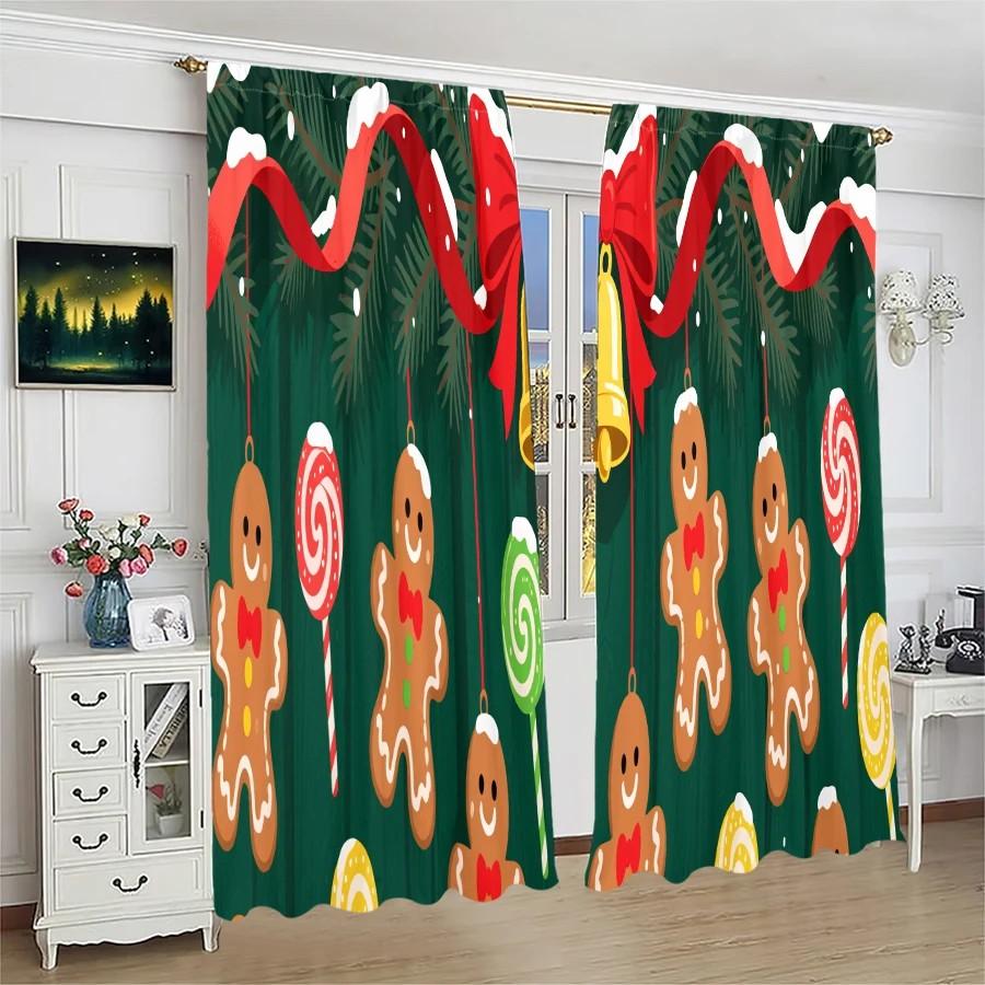 2pcs Cute Gingerbread  Curtains   Xmas Holiday Window Decor   Polyester Rod Pocket Curtain for Home Decor