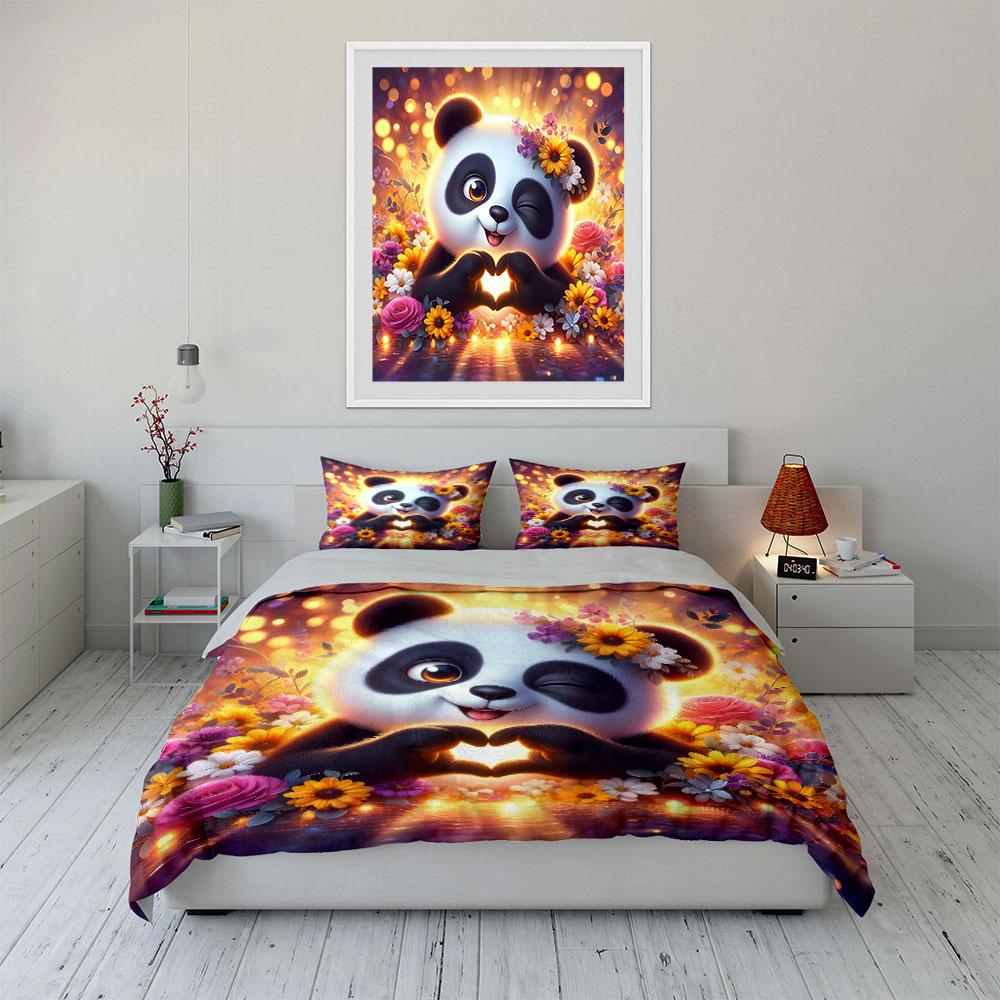 Panda with Flowers and Heart Bedding Duvet Cover Set  (1*Duvet Cover 2*Pillowcases, without duvet insert)