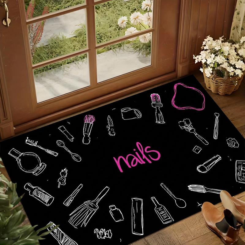 Nail Themed Area Rug Black Pink Non Slip Stain-resistant Floor Mat for Makeup Room & Bedroom Nail Studio Carpet Minimalist
